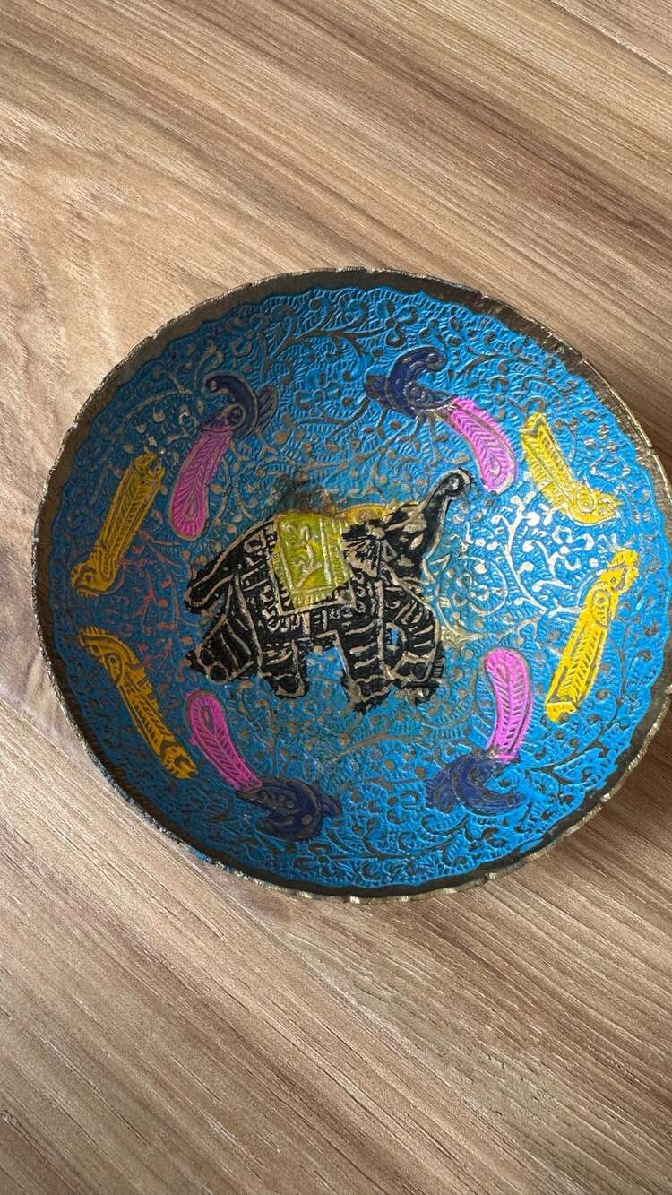 Vintage Handcrafted Brass Blue Enamel Elephant and Peacocks Decorative Bowl Dish